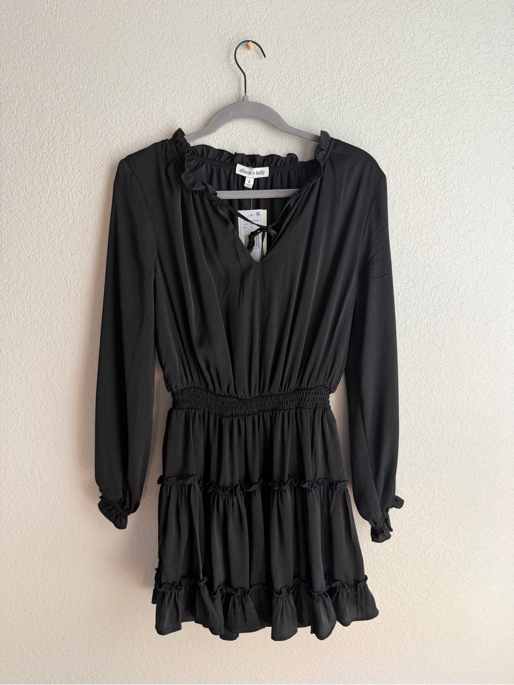 Black Long-Sleeve Ruffle Tiered Dress with Smocked Waist